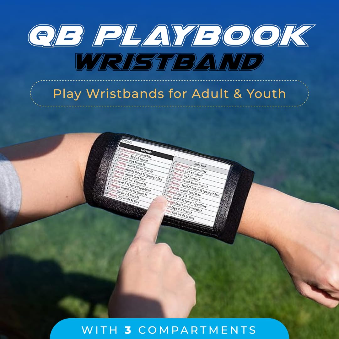 Pulsera Pro Athletics QB Playbook - Pulseras de juego de mariscal de campo de fútbol para adultos - Muñequera de entrenamiento para todos los deportes con 3 compartimentos (negro, adulto, paquete de 6)