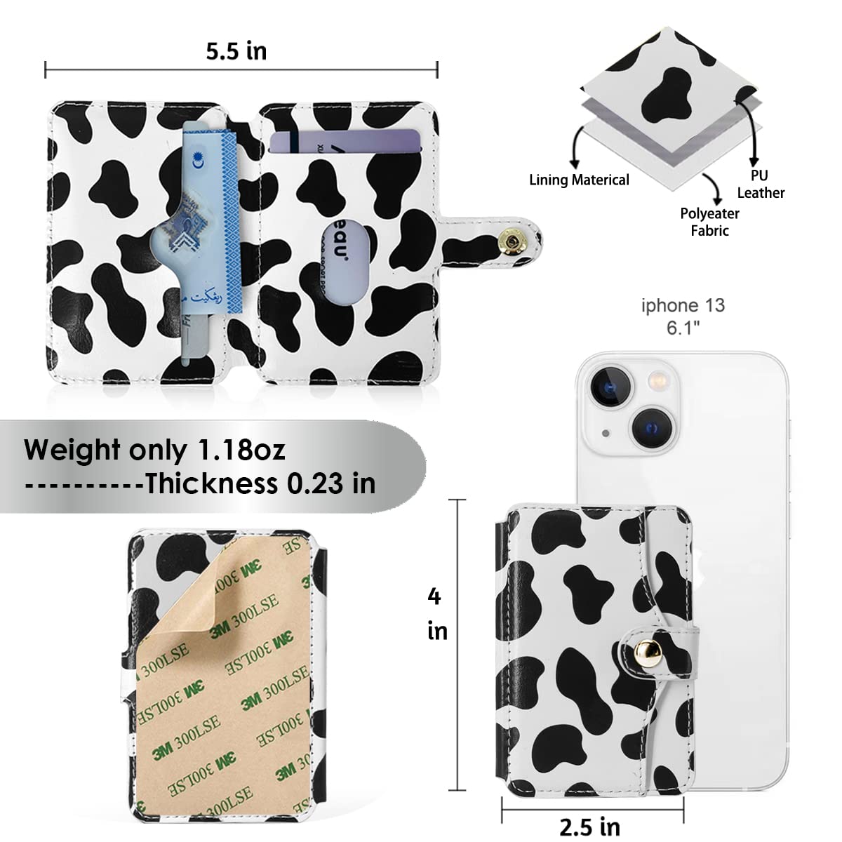 M-Plateau Phone Card Holder, Stick On with Snap Closure 3M Adhesive Leather Phone Wallet Work with iPhone 14 Case and Most Smartphones (Cow Print)