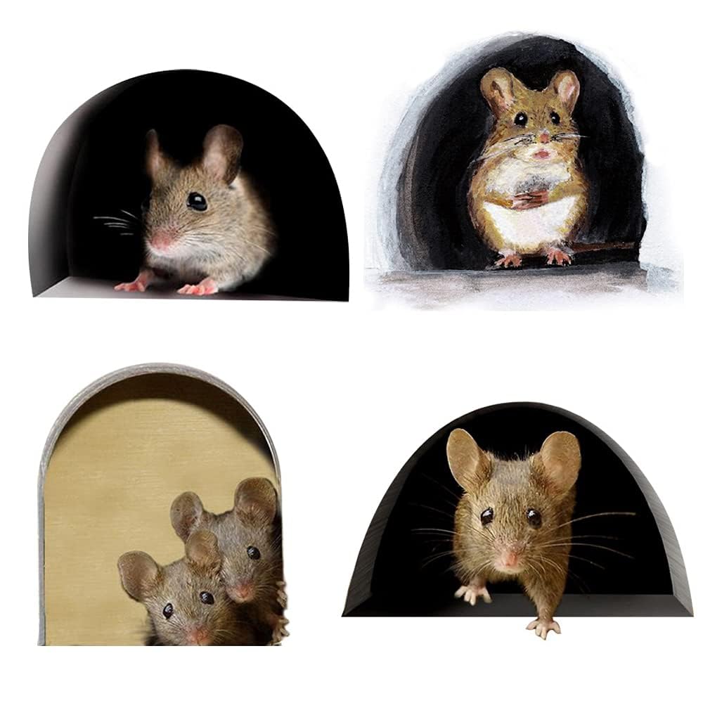 3D Mouse Hole Realistic Wall Sticker,Mouse in a Hole Wall Decal Fun Art,Home Decor,Vinyl,for Living Room Nursery Bedroom Kids Room Wall Decoration (4 Pieces/Set)