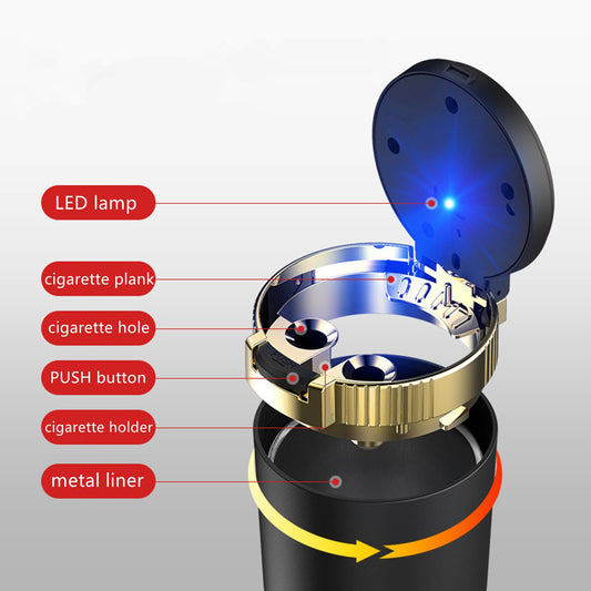 Car Ashtray with lid Portable Ash Tray Gold Mini Car Trash Can with LED Blue Light Windproof for Outdoor Travel (Gold)