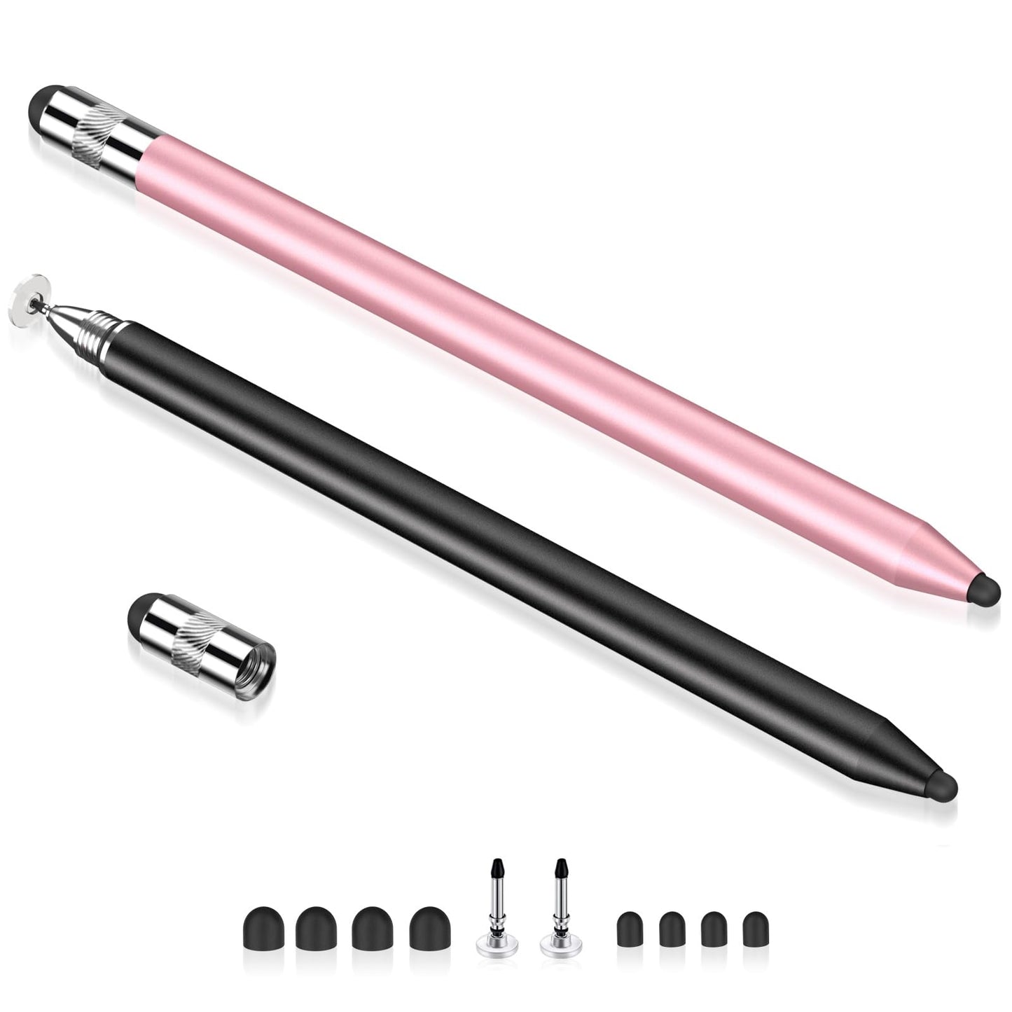 MEKO 3 in 1 Stylus Pens for Touch Screens, High Sensitivity & Precision Capacitive Stylus for Apple iPad iPhone Tablets Samsung Galaxy All Universal Touchscreen Devices (2 Pack-Black/Rose Gold)