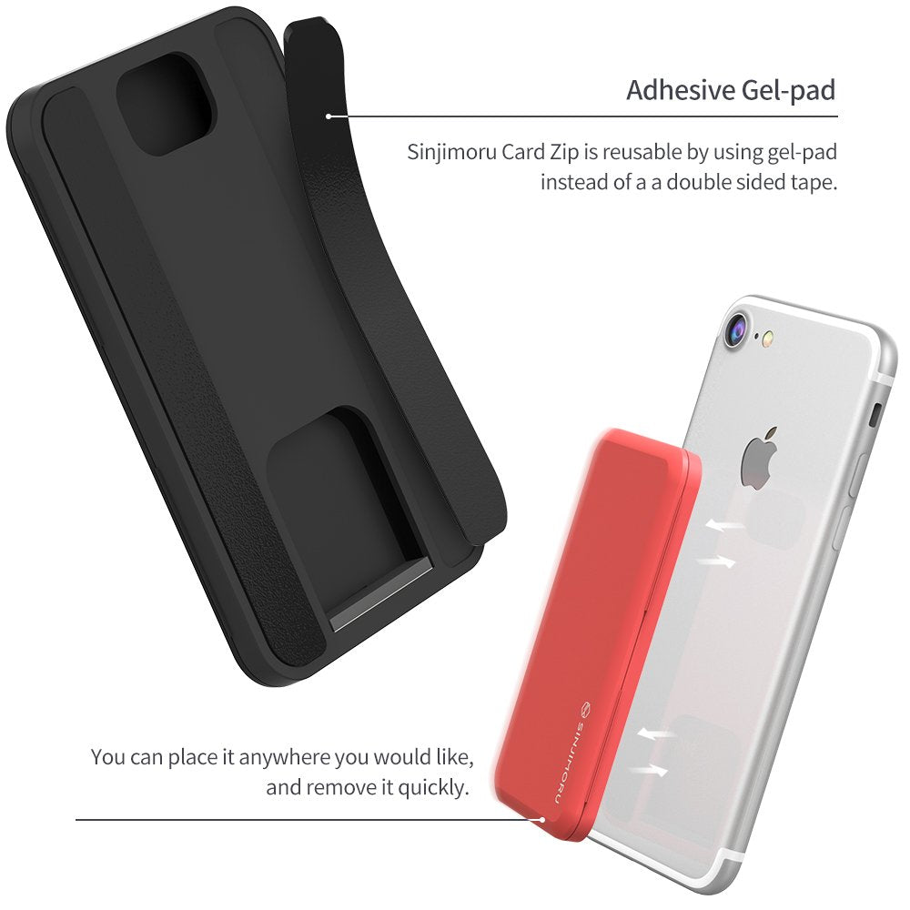 Sinjimoru Stick-On Card Case, Adhesive Card Holder/Ultra Slim Card Holder Case Usable as Phone Wallet or Card Holder for Desk. Card-Zip Black