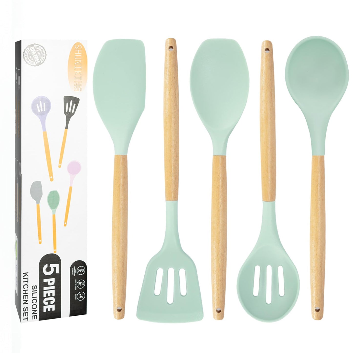 Kitchen Utensils Set, 5 Pcs Non-Stick Silicone Kitchen Cooking Utensils with Wooden Handle, Kitchen Spatula Cookware Utensils Set, Heat Resistant Silicone Kitchen Gadgets (Light Green)