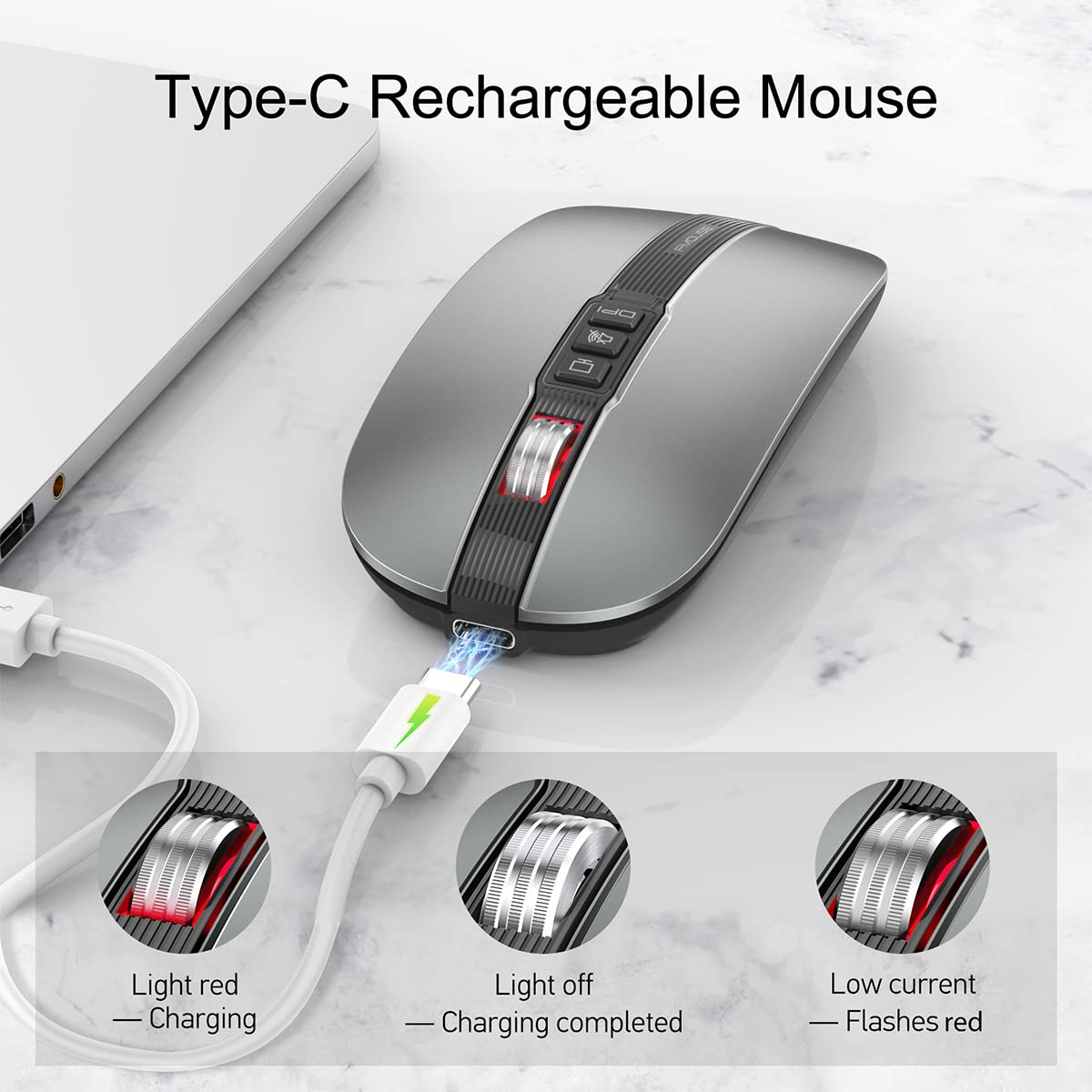 FMOUSE Slim Multifunctional Bluetooth Mouse with Multiple Buttons for Desktop Display/One Click Mute, Wireless Travel Mouse with RGB Lights for MacBook/pc/iPad/Laptop (Gray)