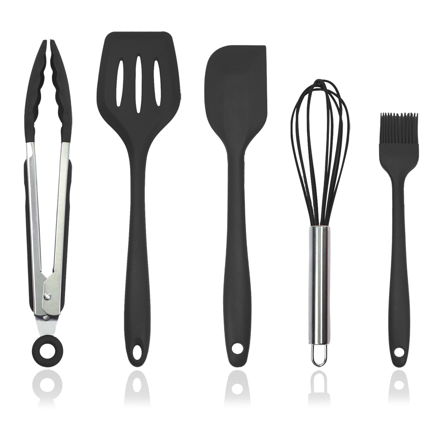 Silicone Kitchen Cooking Utensils Set Kitchen Spatula Set with Holder,5 pcs Heat Resistant Silicone Kitchen Utensils Gadgets Tools Set for Nonstick Cookware,Dishwasher Safe (Black)