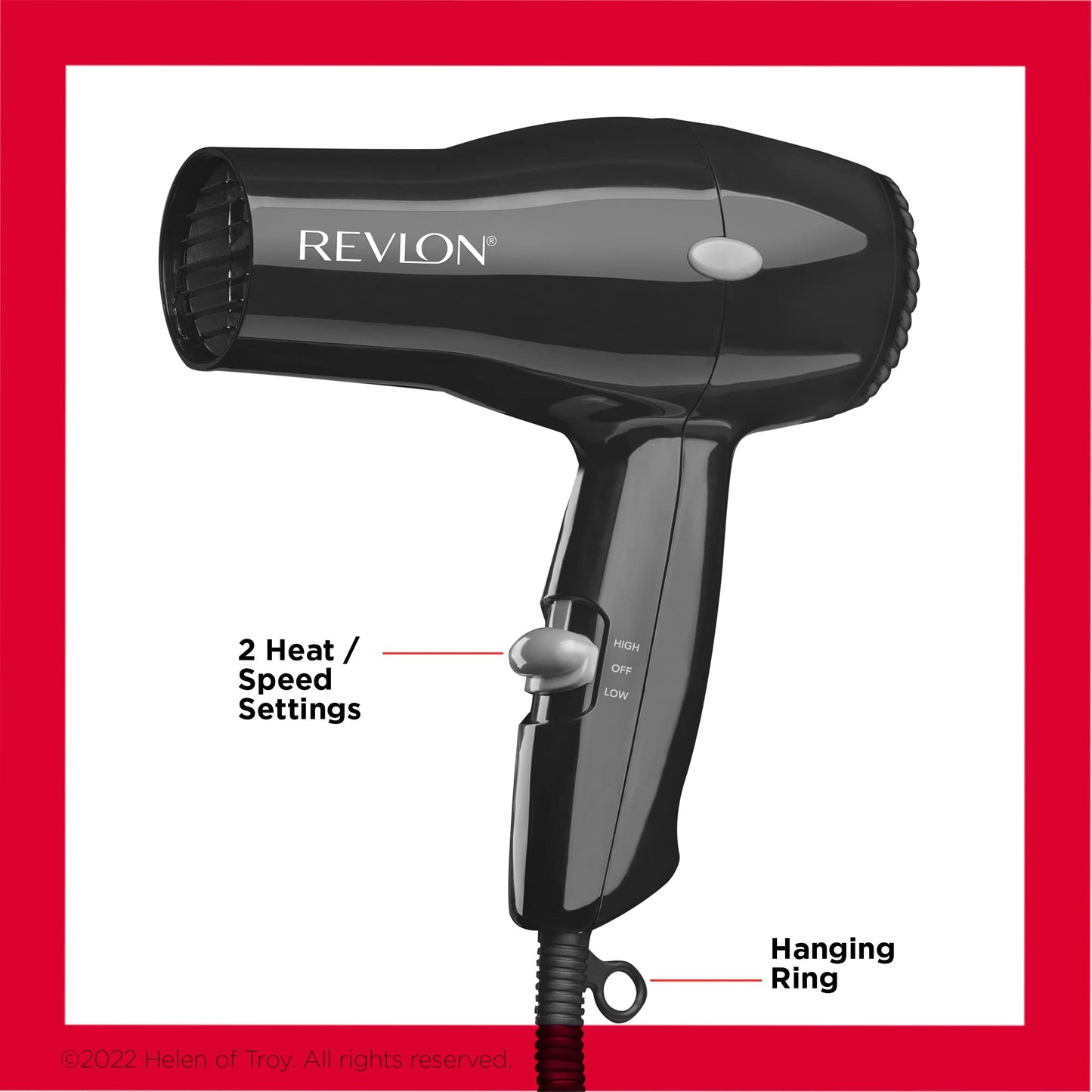 REVLON Travel Hair Dryer | Salon-Style Blowouts, Lightweight Design, 1875 Watts for Fast Drying with 2 Heat & Speed Settings for Drying and Styling Flexibility (Black)