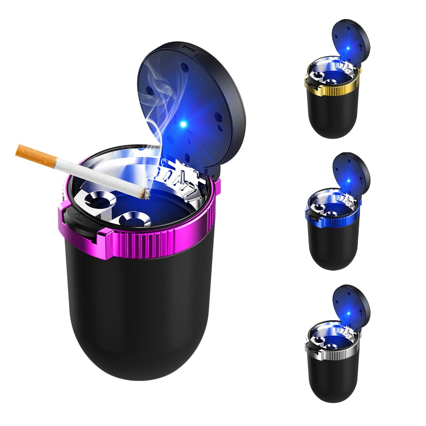 KVAEY Cendrier de voiture avec couvercle, mini cendrier de voiture portable, cendrier de voiture amovible en acier inoxydable sans fumée avec lumière bleue LED, accessoire de voiture coupe-vent pour fumeurs de voiture de voyage (violet)