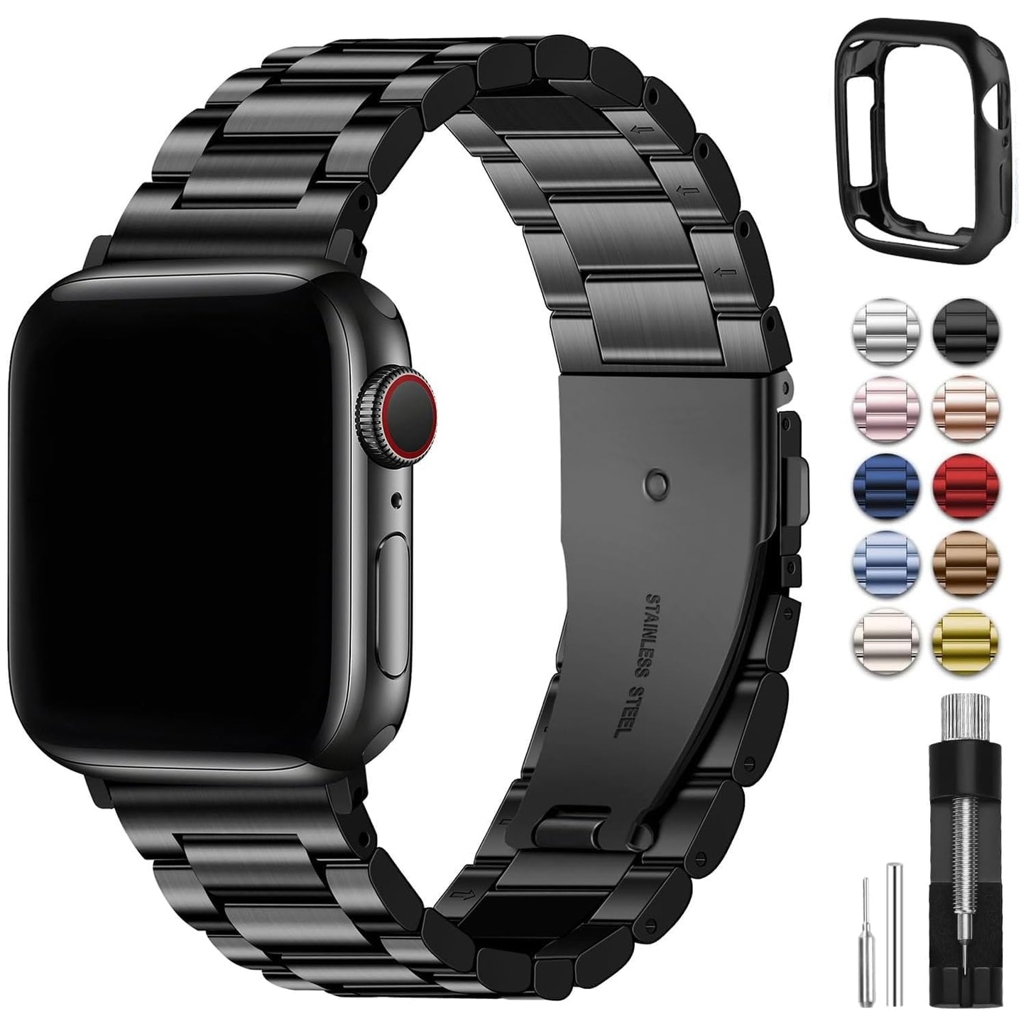 Fullmosa Compatible Apple Watch Bands 49mm 45mm 46mm 44mm 42mm 41mm 40mm 38mm, Metal iWatch Band with Case for Apple Watch Ultra Series 10 9 8 7 6 5 4 3 2 1 SE, 42mm 44mm 45mm Black