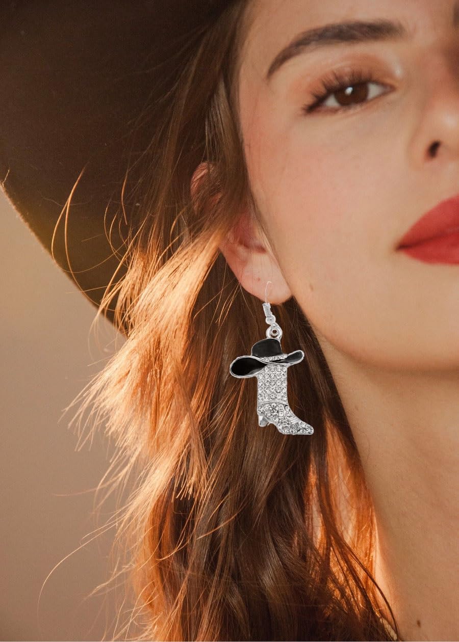 Rhinestone Western Boots Dangle Drop Earrings for Women, Boho Cowgirl Cowboy Enamel Hat Boot Earrings Country Concert Party Outfits Jewelry Gift