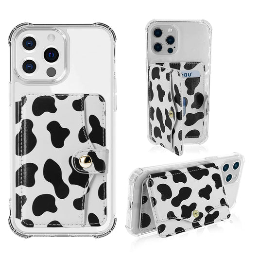 M-Plateau Phone Card Holder, Stick On with Snap Closure 3M Adhesive Leather Phone Wallet Work with iPhone 14 Case and Most Smartphones (Cow Print)