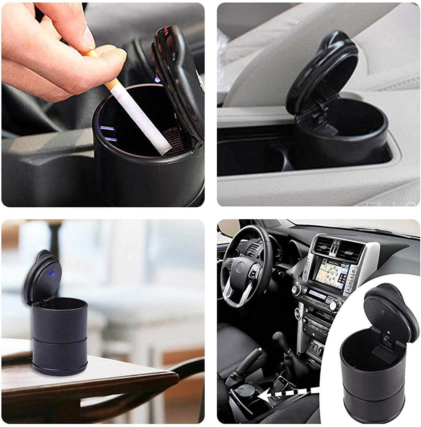 AISIBO Cigarette Smoke Car Ashtray Cup Holder, LED Portable Auto Car Truck with Lid for Office Home Car Ashtray (Black)