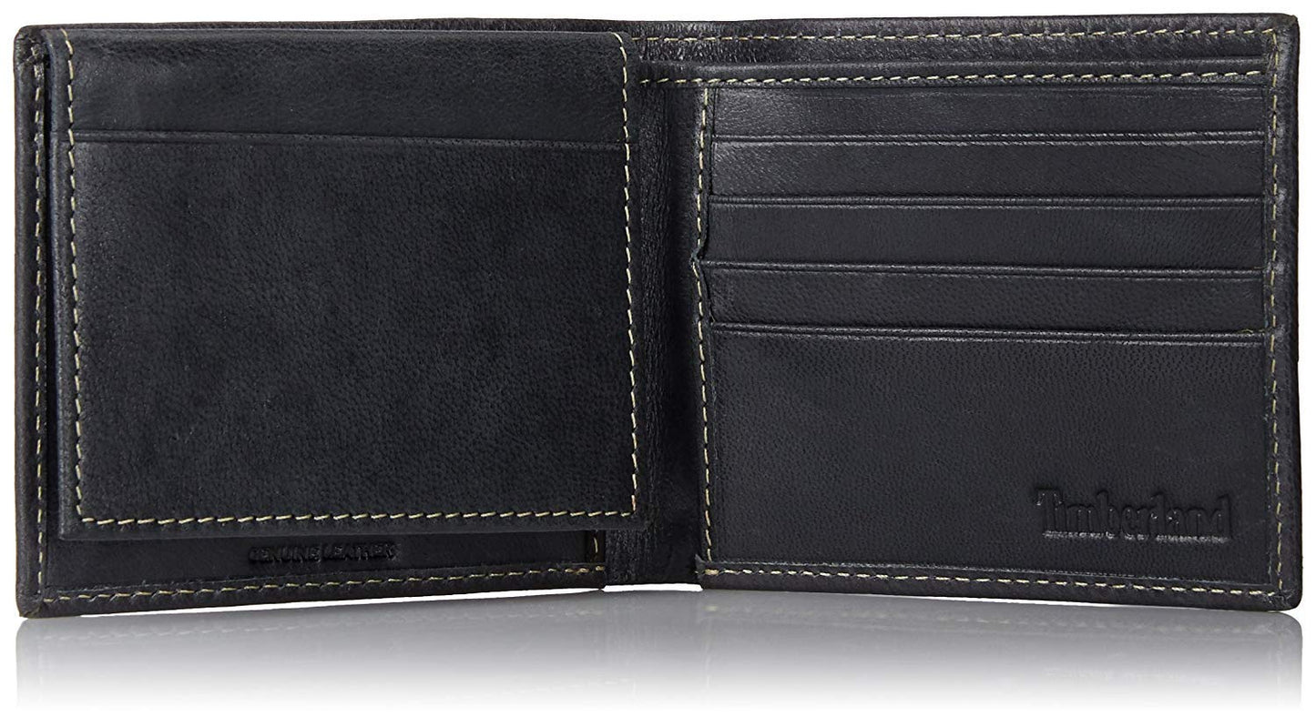 Timberland Men's Leather Wallet with Attached Flip Pocket, Black (Cloudy), One Size