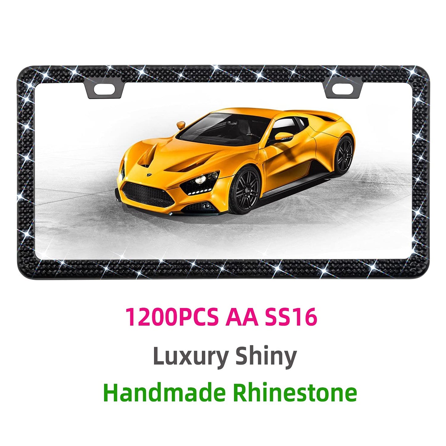 1Pack Bling Rhinestone License Plate Frame for Women，Diamond Sparkly License Plate Frames| Stainless Steel Frames & Over 1200 pcs Finest 14 Facets Black Glass Crystals Premium Diamond+GiftBox（Black）