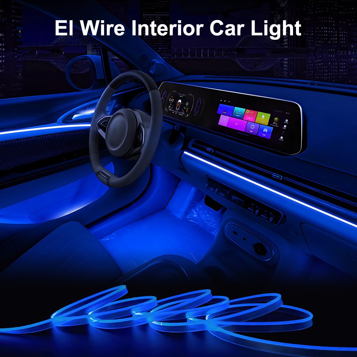 QVEVDACAR EL Wire Interior Car LED Strip Lights, 16.5FT USB Neon Glowing Strobing El Wire Lights with 6mm Sewing Edge, Ambient Lighting Kits for Car Inside Decorations (Blue)