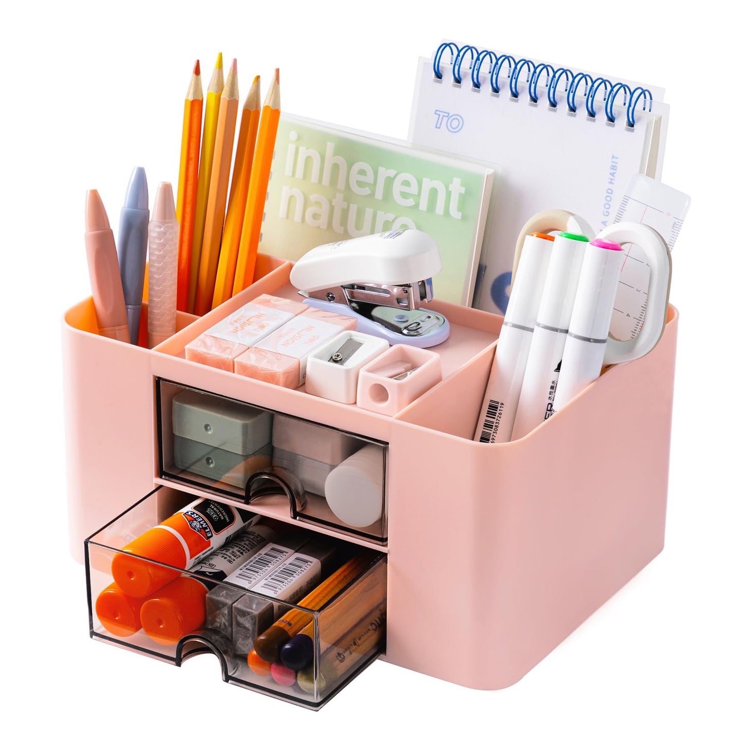 Organiseur de bureau Moikiwi avec 2 tiroirs, organisateur de fournitures de bureau pour bureau, accessoires de bureau mignons avec plastique, porte-stylo pour comptoir de bureau, rose