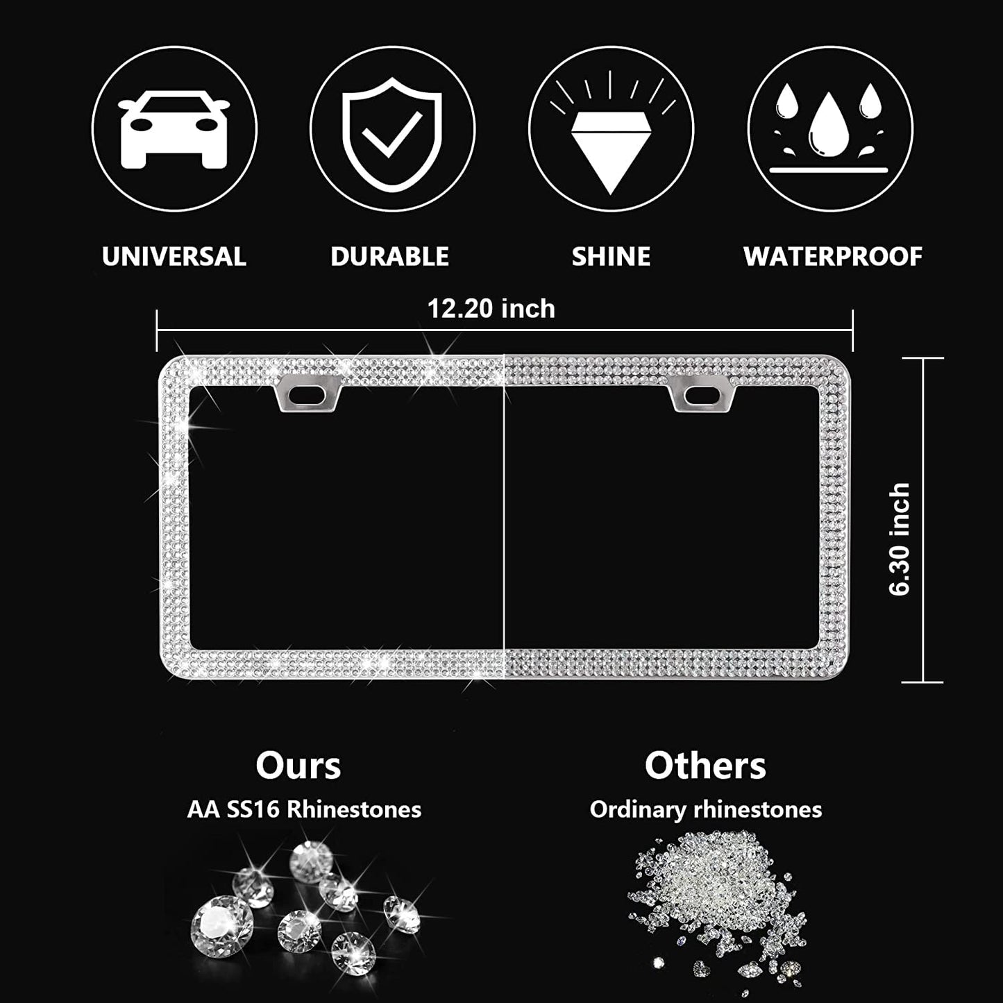 1 Pack Bling License Plate Frame with Car Engine Start Stop Button Cover, Thin Border Luxury Clear Glass Crystal Rhinestone License Plate Frame, White