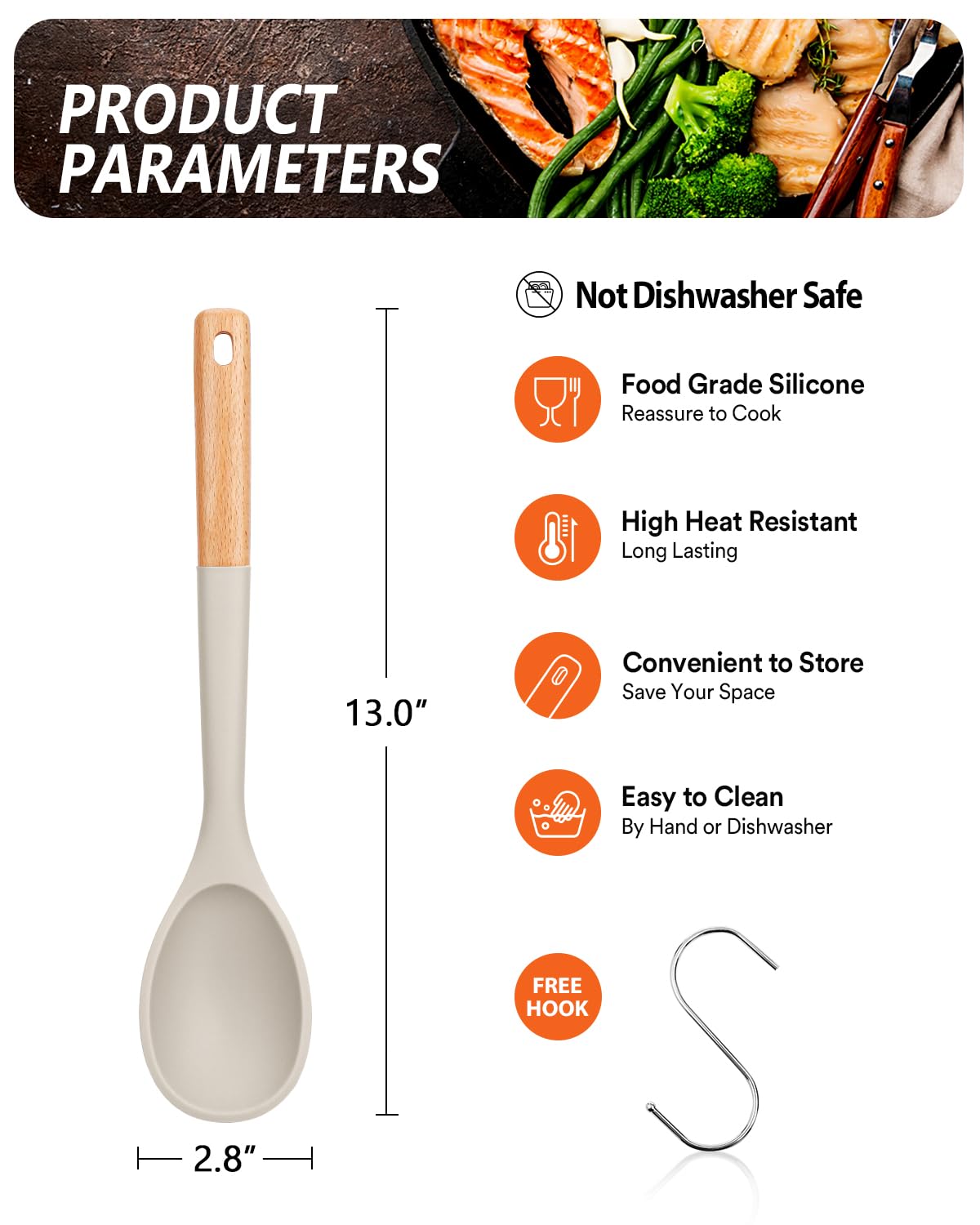 Large Silicone Cooking Spoons, Nonstick Solid Wooden Handle Spoon, Heat Resistan Silicone Kitchen Spoons for Cooking, Serving, Basting, Mixing, 13.2inch (Khaki)