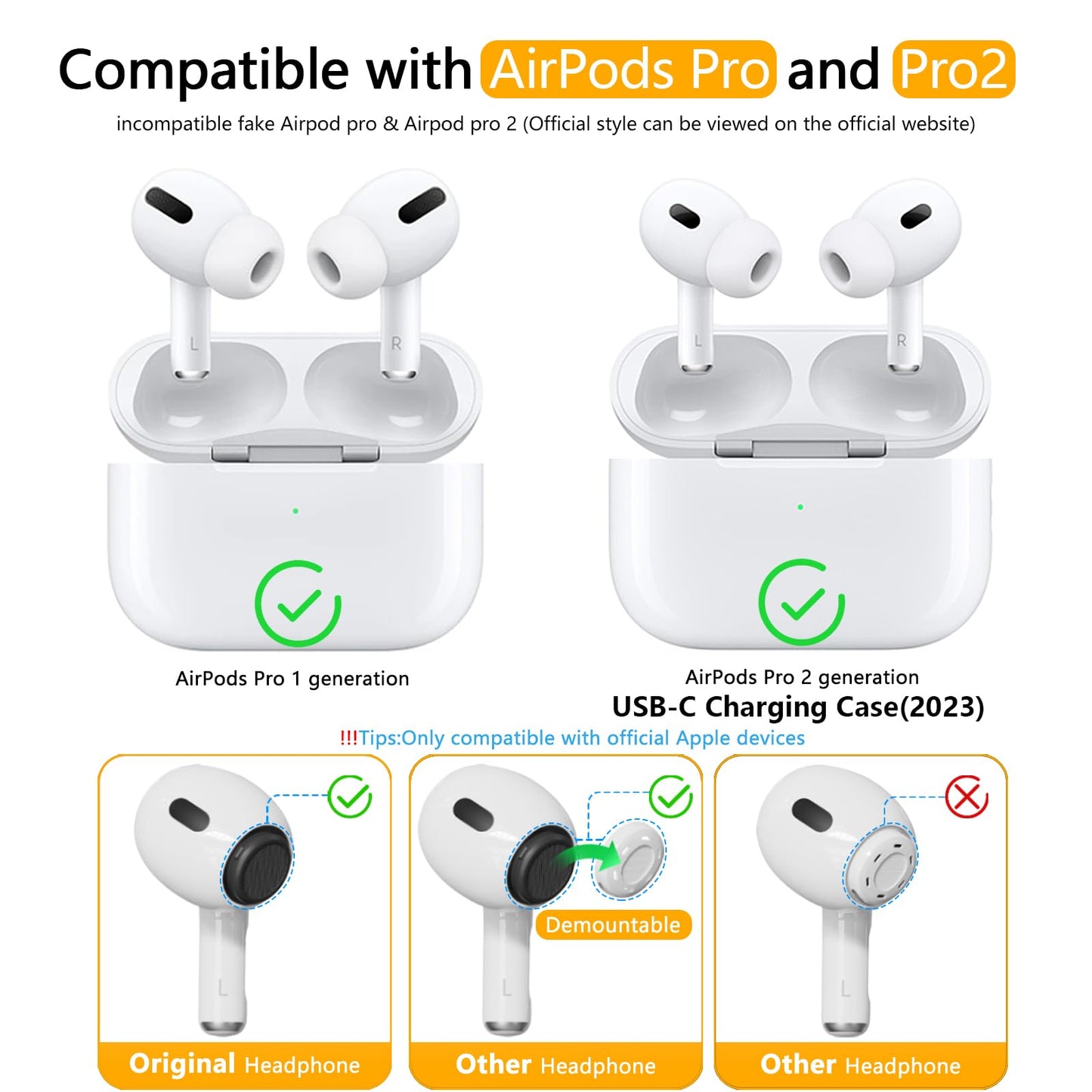 Lot de 3 paires d'embouts de rechange pour AirPods Pro 2e/1ère génération avec kit de nettoyage, trou de réduction du bruit et écran anti-poussière intégré, embouts en silicone pour étui de chargement USB-C (S/M/L)