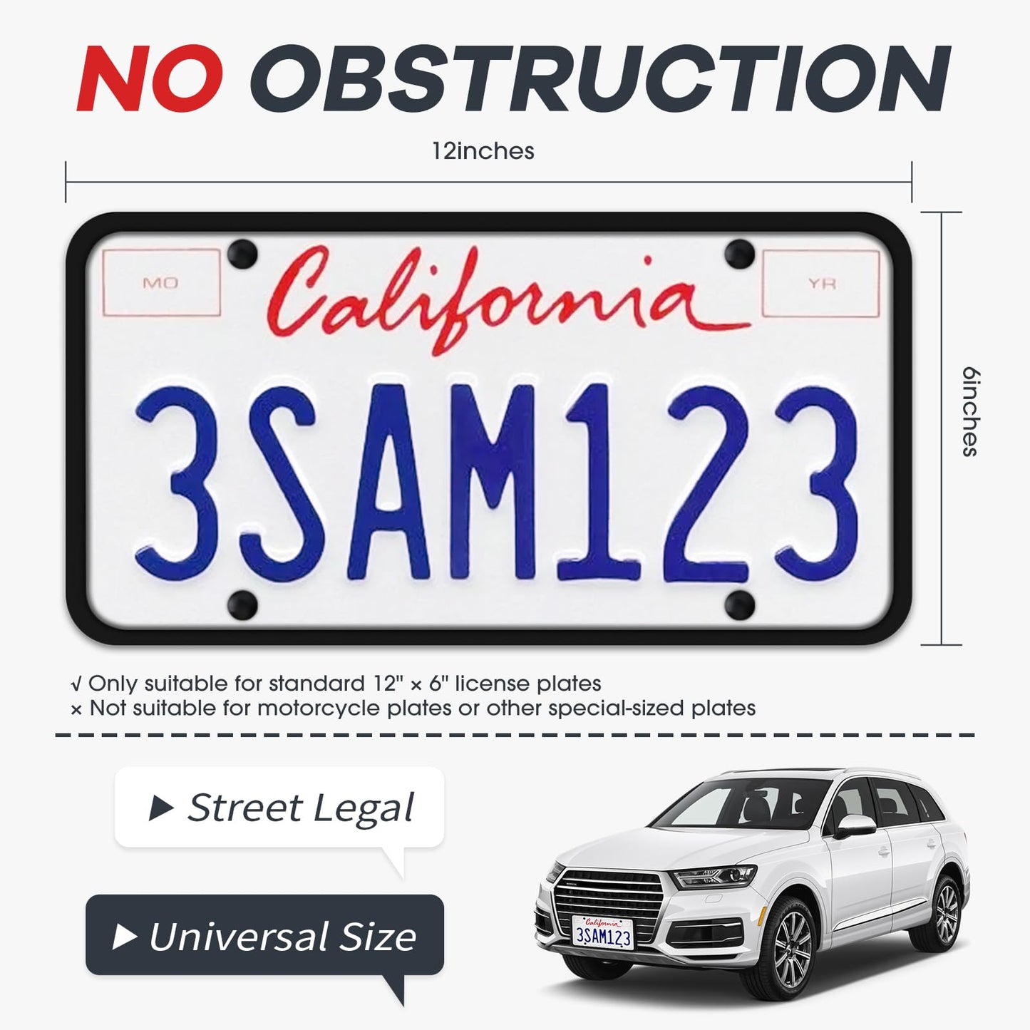 Aujen Silicone License Plate Frames,2 Pack Black Side-Opening License Bracket Holder with Easy Installation, License Plate Frame Without Obstruction.Rustproof, Rattle Proof & Weatherproof Universal