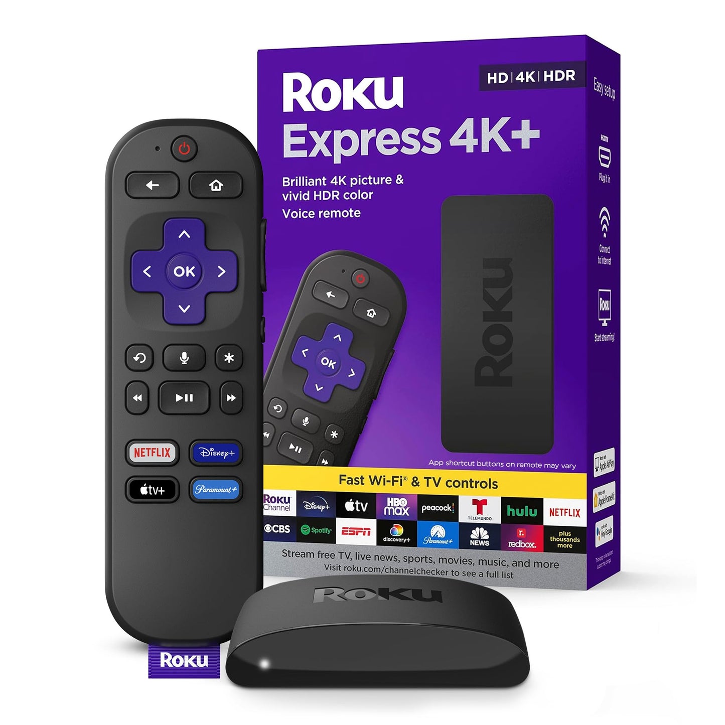 Roku Express 4K+ | Appareil de diffusion en continu Roku 4K/HDR, télécommande vocale Roku, TV gratuite et en direct