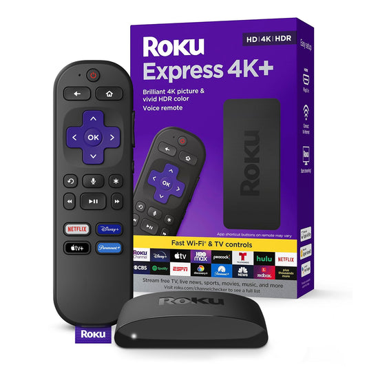 Roku Express 4K+ | Dispositivo de transmisión Roku 4K/HDR, control remoto por voz Roku, TV en vivo y gratuita