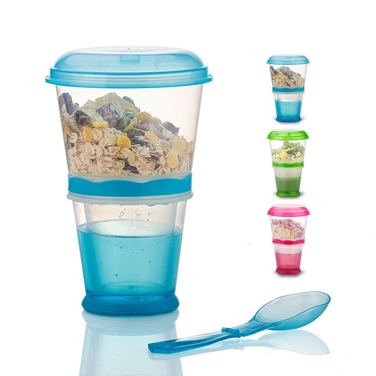 Contenedor de cereales para llevar, taza para desayuno, taza para leche, recipiente portátil para yogur y comida para llevar para viaje, con cuchara (azul)