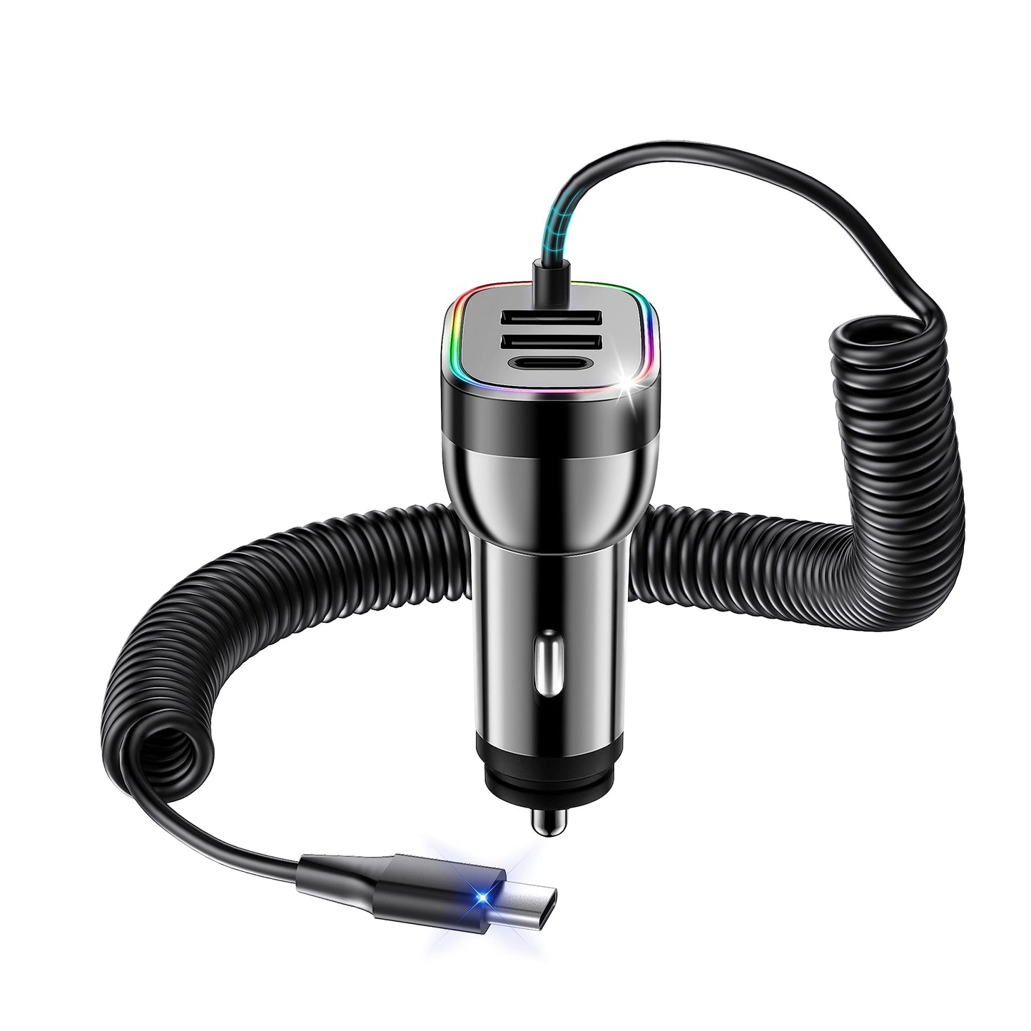 60W 4-Port USB-C & 18W USB-A QC3.0 Fast Charging Car Charger with Colorful Ring LED Light and Coiled Cable for iPhone 16 Pro Max, iPhone 15 Pro Max 14 13 12, Samsung Galaxy S24, Tablets and laptops