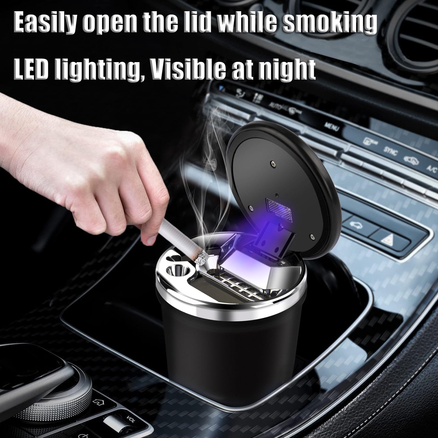 Car Ashtray with Lid Smell Proof,Smokeless Ashtray for Car with Carbon Fiber Pattern,Portable Ash Tray Ceramic Inner Wall with LED Car Accessories Ashtrays for Travel, RV,Outdoor,Home (Black)