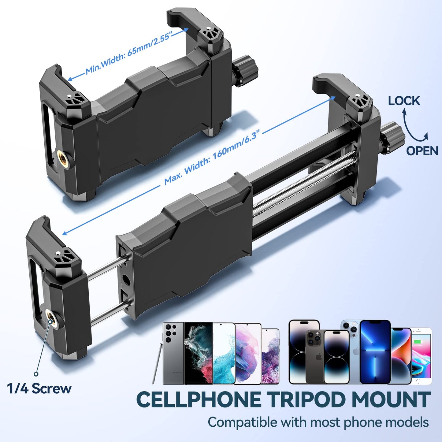 Adaptador de montaje en trípode para teléfono celular con cabezal esférico, soporte giratorio de 360° para teléfono con zapata fría, abrazadera para teléfono inteligente para iPhone 15, 14 y 13