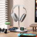 HiWe 3-in-1 Headphone Stand - Universal Desktop Gaming Headset Holder with Wireless Charger for Phones/AirPods/iWatch, Aluminum Alloy Rod, Leather Pad, ABS Solid Base, White