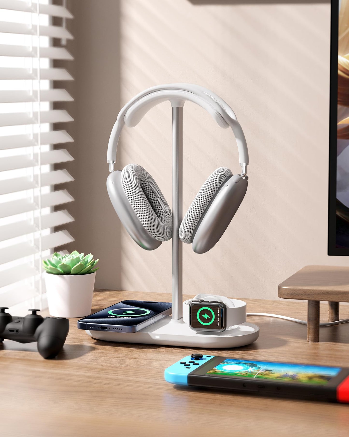 HiWe 3-in-1 Headphone Stand - Universal Desktop Gaming Headset Holder with Wireless Charger for Phones/AirPods/iWatch, Aluminum Alloy Rod, Leather Pad, ABS Solid Base, White