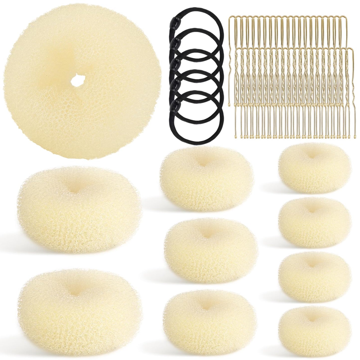 Ensemble d'accessoires pour cheveux MAGDIY 65 pièces avec 10 chignons (1 extra-large, 2 grands, 3 moyens, 4 petits), 50 épingles en U et 5 élastiques à cheveux, chignon de ballet pour cheveux longs (beige)