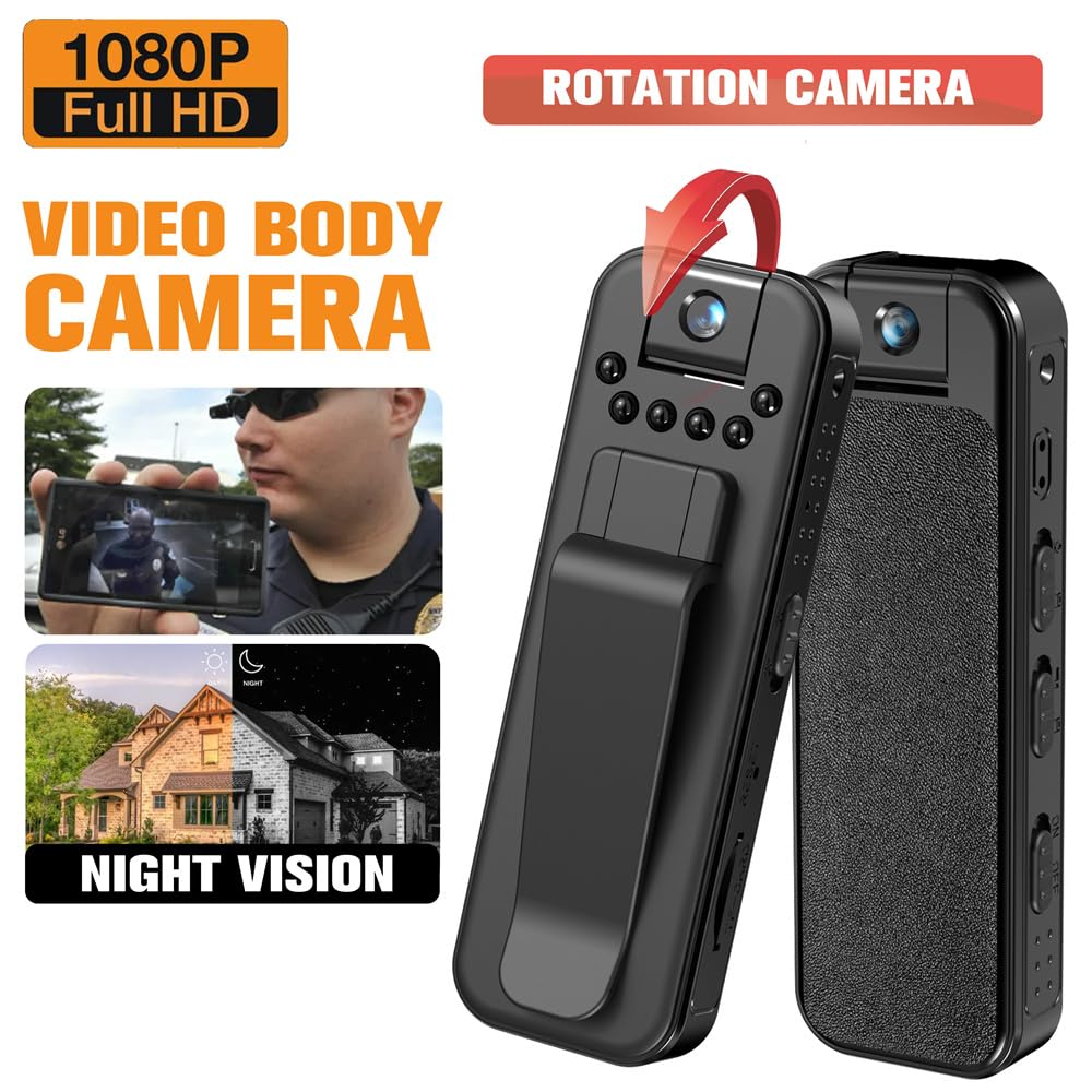 Andoer 1080P HD Mini Body Camera with Audio and Video Recording Portable Video Recorder 180°Lens Rotatable with Night Vision Large Battery Capacity 90° Angle with Back Clip for Daily Record Service/