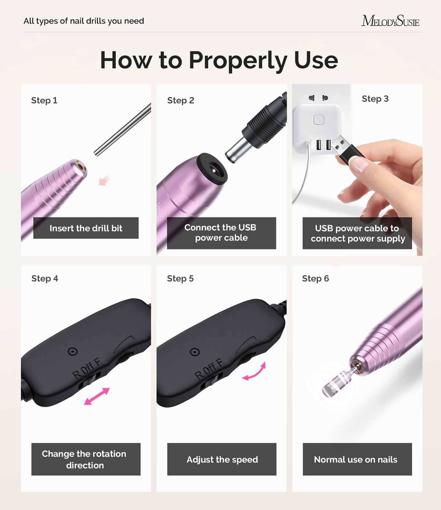 MelodySusie Electric Nail Drill Machine,PC120I Portable Electric Nail File Efile Set for Acrylic Gel Nails, Manicure Pedicure Tool with Nail Drill Bits Sanding Bands (Purple)