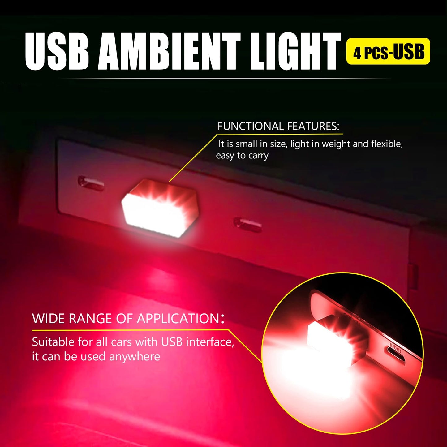 Hbxdeco Lot de 4 lampes d'ambiance LED USB pour intérieur de voiture, mini veilleuse décorative LED portable pour voiture, kit d'éclairage d'ambiance avec interface USB enfichable, accessoires universels pour intérieur de voiture (rouge)