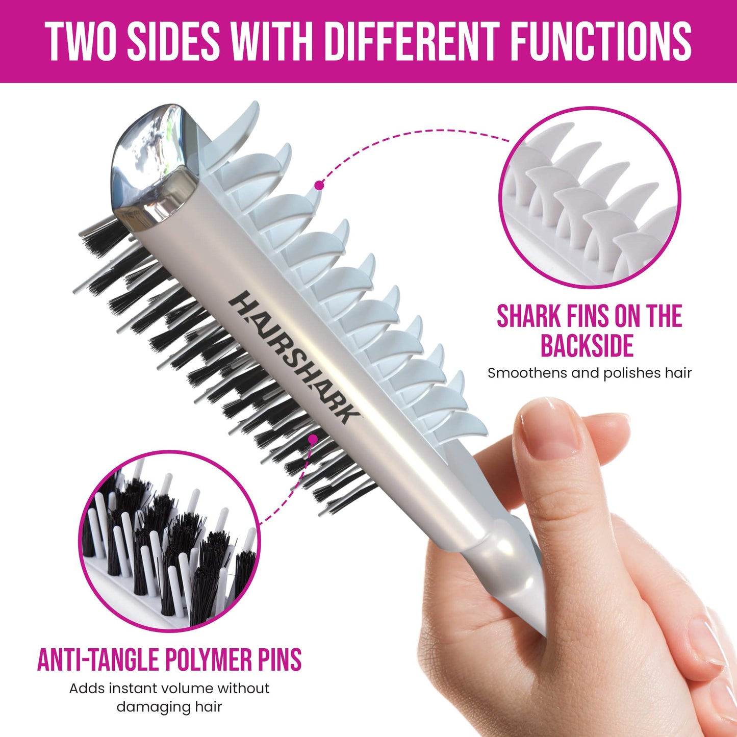 HAIRSHARK 3-in-1 Volume Hair Brush, Two-Sided Backcombing/Scalp Brush w/Boar and Polymer Bristles, Easy To Use Styling Comb for All Hair Types, Volume, Blow Dry Look, & Wave Brush