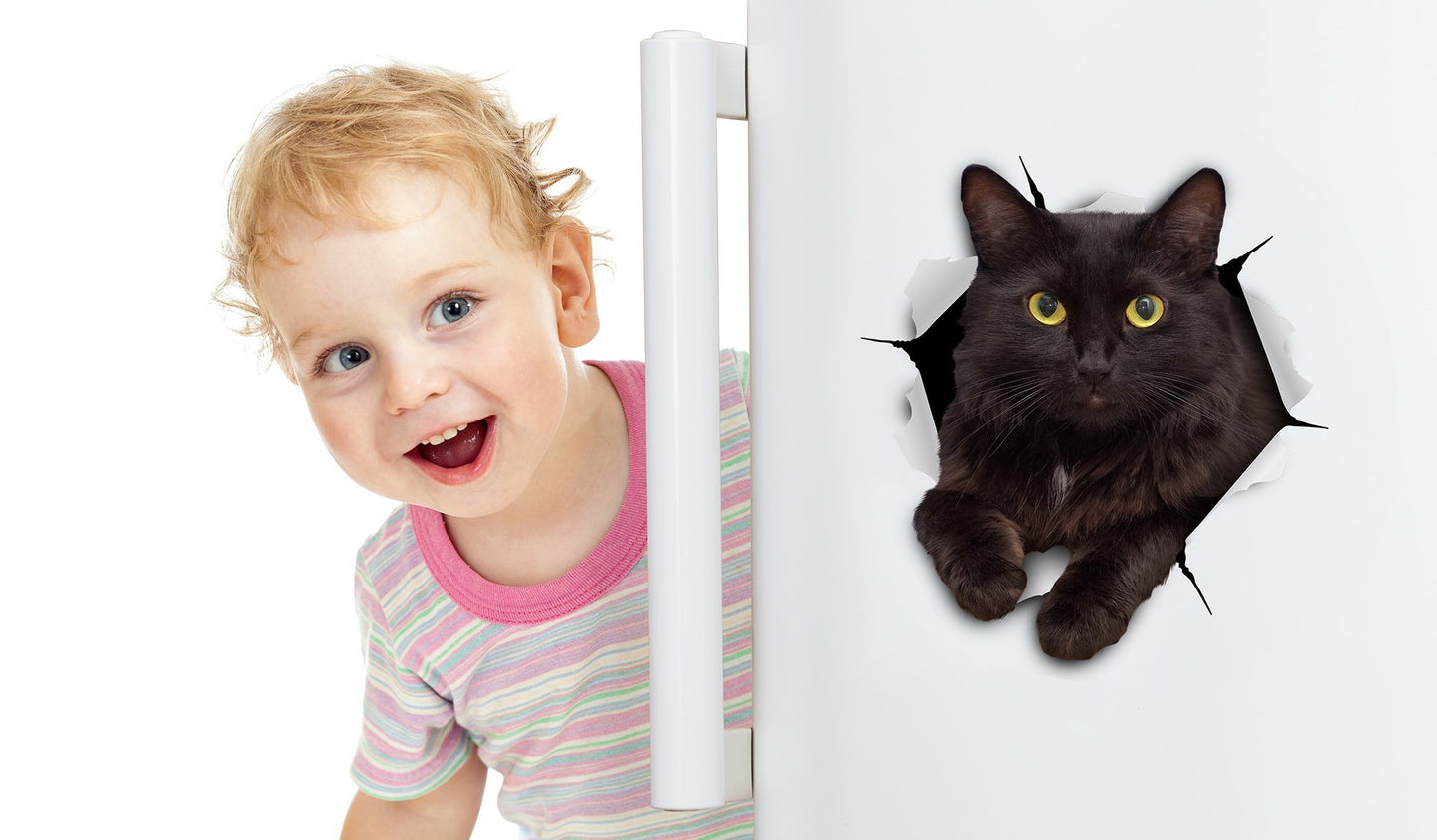 Autocollants 3D pour chat Winston &amp; Bear - Lot de 2 - Autocollants muraux pour chat noir - Autocollants muraux pour chat pour chambre - Réfrigérateur - Toilettes - Voiture - Emballage de vente au détail