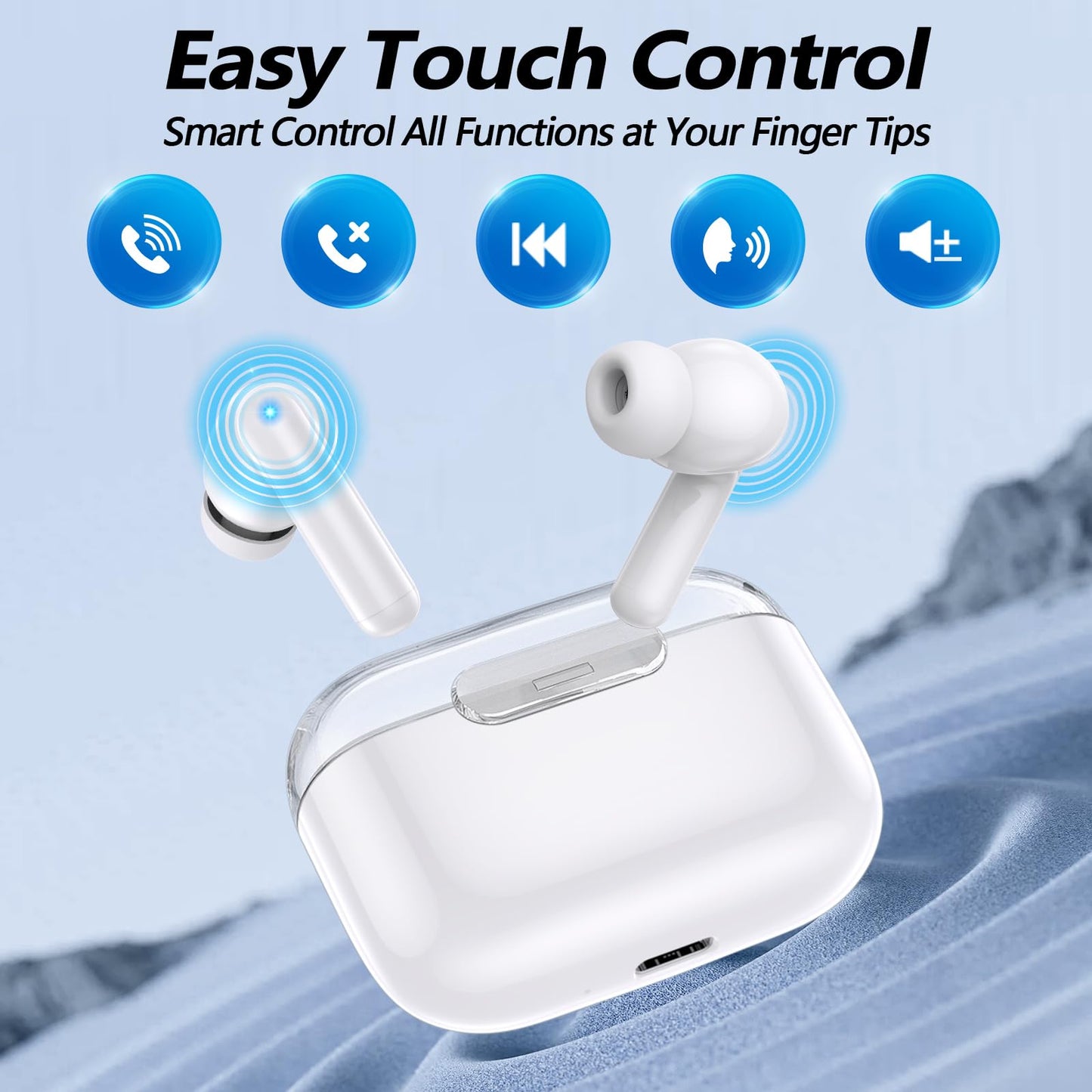 Auriculares inalámbricos, auriculares Bluetooth 5.3, sonido estéreo de alta fidelidad, auriculares internos impermeables con micrófono con cancelación de ruido para iPhone/Samsung/Android, entrenamiento deportivo, color blanco