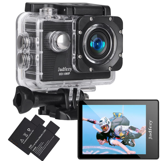 Caméra d'action Jadfezy FHD 1080P 12MP, 98FT/30M Caméra étanche sous-marine avec 2 batteries, caméra de sport grand angle avec kit d'accessoires Convient pour casque, vélo, etc.