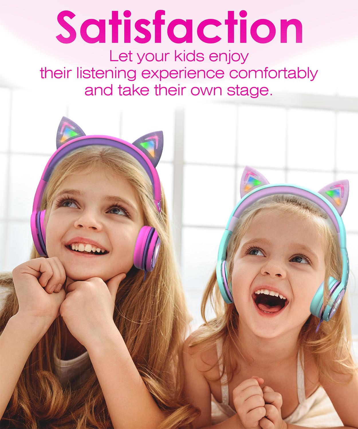 FosPower Kids Headphones with LED Cat Ears (Safe Volume Limit 85 dB), 3.5mm On-Ear Wired Headphones with Laced Tangle-Free Cables for Boys/Girls/School/Travel - Hot Pink/Purple