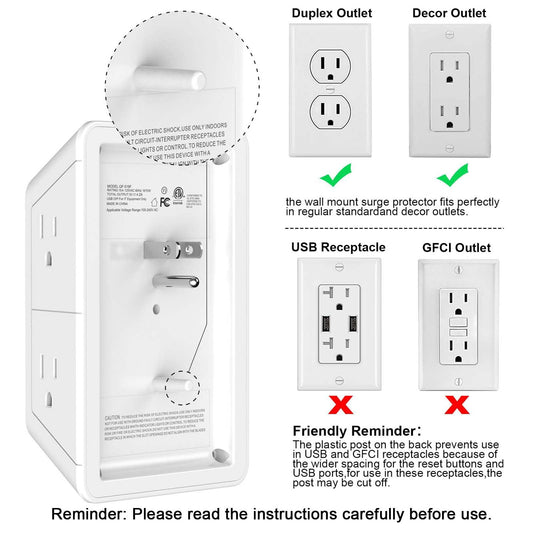 Lvetek 5 Outlet Extender Multi Plug Wall Outlets with 4 USB Charging Ports (1 USB C Outlet), 3 Sided 1680J Surge Protector Power Strip USB Wall Charger for Home, Office, Travel, ETL Listed, White