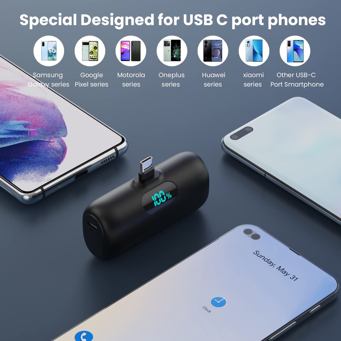 Mini Portable Charger 5000mAh Power Bank,15W PD USB C Cell Phone Portable Power,LCD Display Battery Pack Compatible With iPhone 16/15/15 Plus/15 Pro/15 Pro Max/Android/Samsung/Moto/LG(Type-C Only)