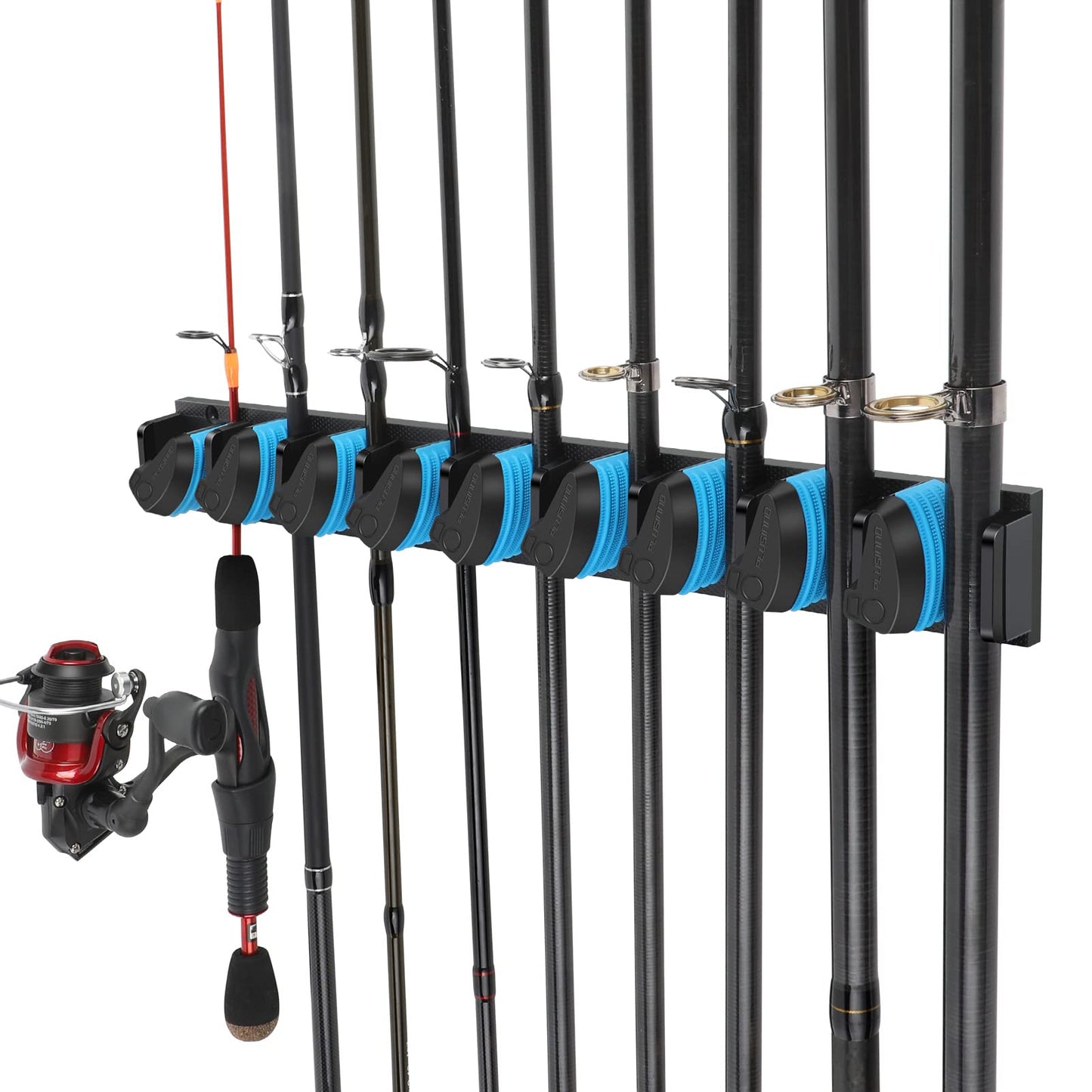 PLUSINNO Vertical Fishing Rod Holder, Wall Mounted Fishing Rod Rack, Fishing Pole Holder Holds Up to 9 Rods or Combos, Fishing Rod Holders for Garage, Fits Most Rods of Diameter 3-19mm