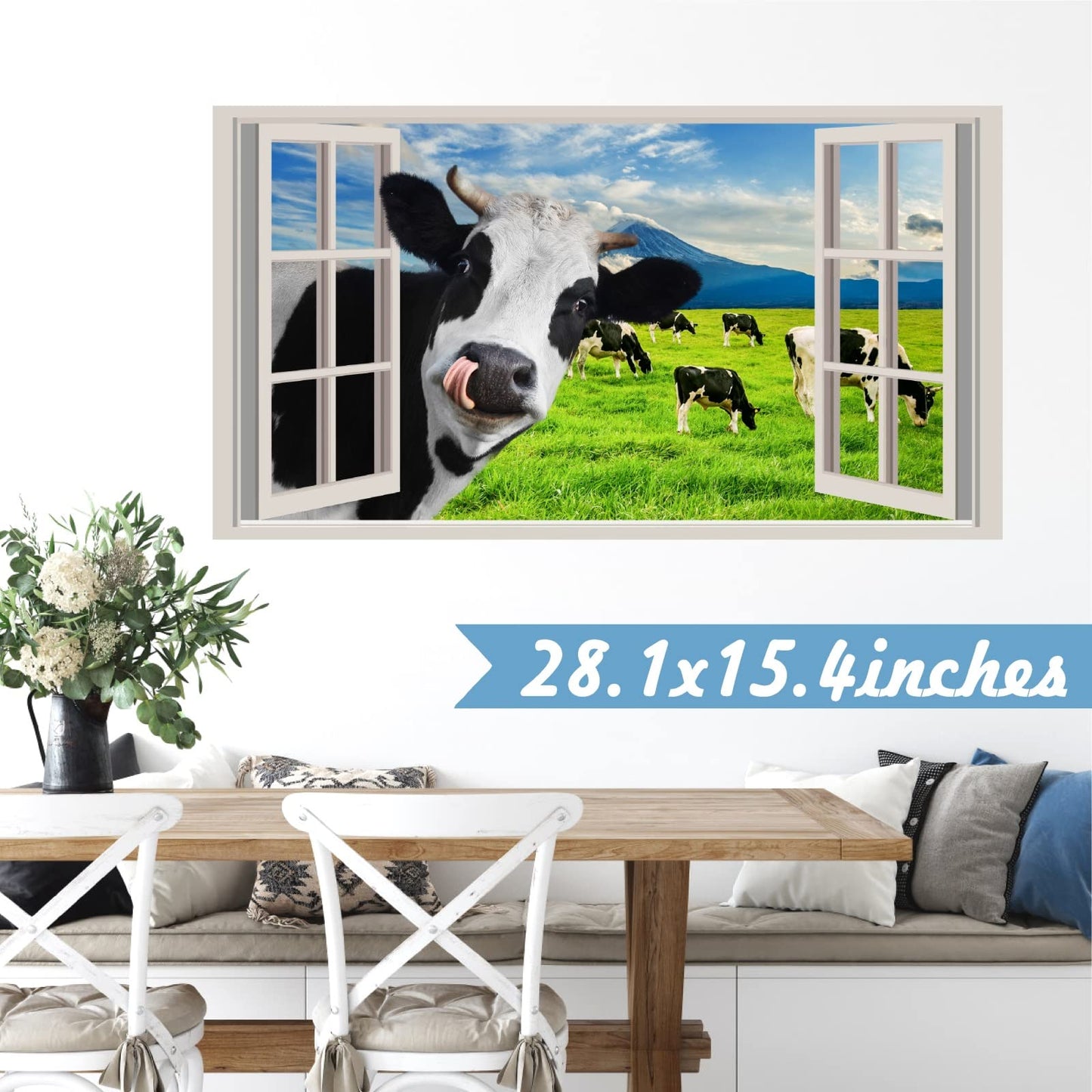 Funny Cow Wall Decals Peeking Cow Wall Sticker Peel and Stick Decals 3D Fake Window Cow Print Decor Stickers Cow Wall Art Rustic Farm Animal Vinyl Stickers for Living Room Bedroom Farmhouse Art Decor