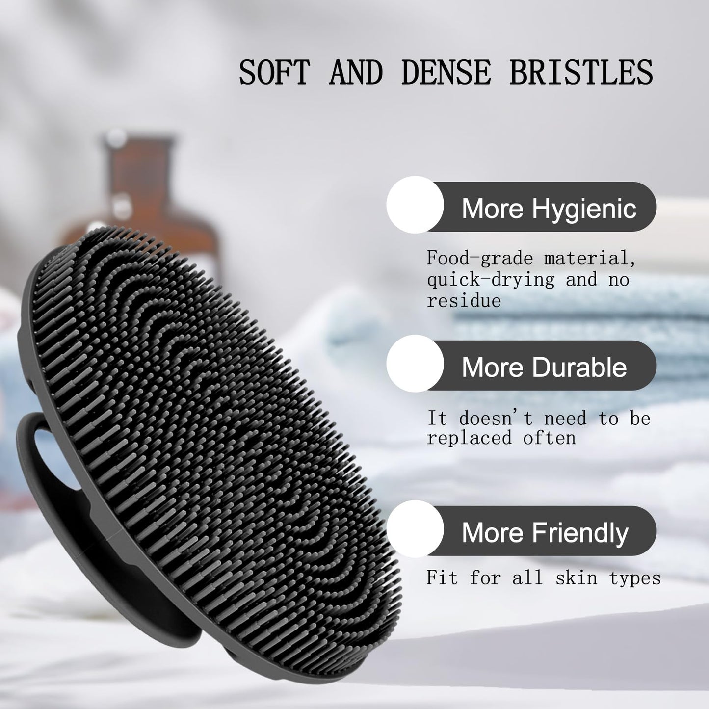 INNERNEED Food-Grade Soft Silicone Body Scrubber Shower Brush Handheld Cleansing Skin Brush, Gentle Exfoliating and Lather Well (Black)