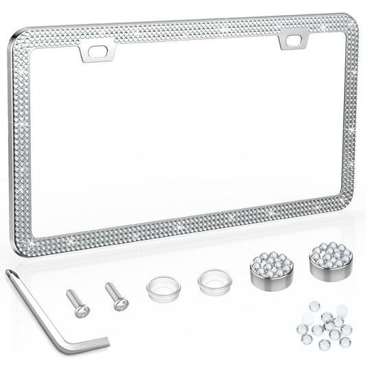 SHARE&amp;CARE Cadre de plaque d'immatriculation Bling, couvercle de plaque d'immatriculation en cristal, support de plaque d'immatriculation de voiture avec ensemble de vis en cristal strass diamant - 1 paquet (blanc1)