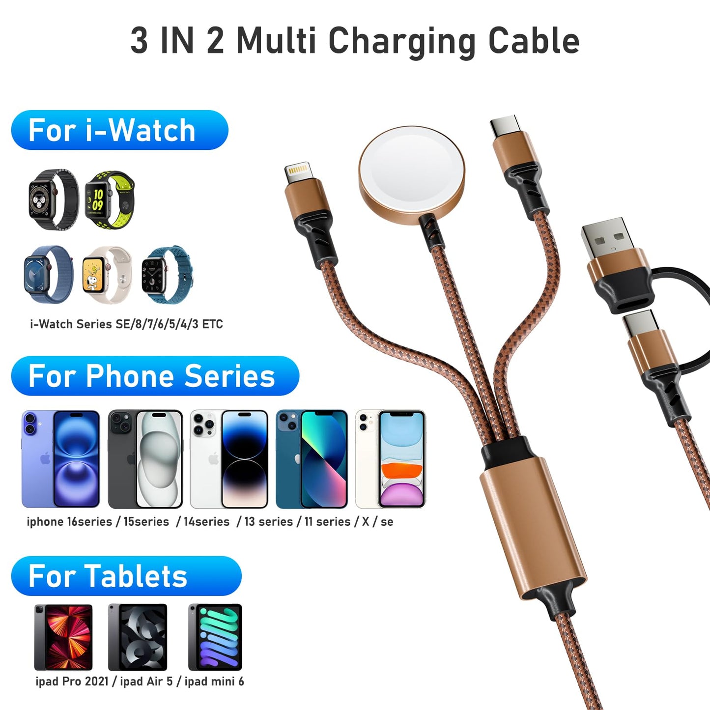 Multi 3 in 2 Charging Cable for Apple Watch Charger, Travel for iPhone Charger USB C Lightning Fast Charging Cable Compatible with iWatch Ultra/SE/9/8/7/6/5/4/3/2/1 & iPhone 15/14/13/12/11/Galaxy S23