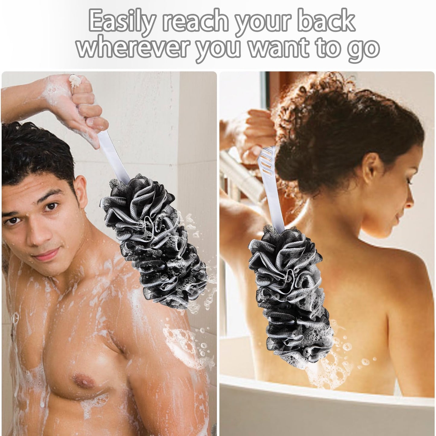 Qewro 2Pack Back Scrubber for Shower, Dual-Sided Loofah on a Stick as Shower Brush Exfoliating Body with Long Handle, Loofah Sponge Mens Loofah Bathing Accessories for Women (2Pack Black)