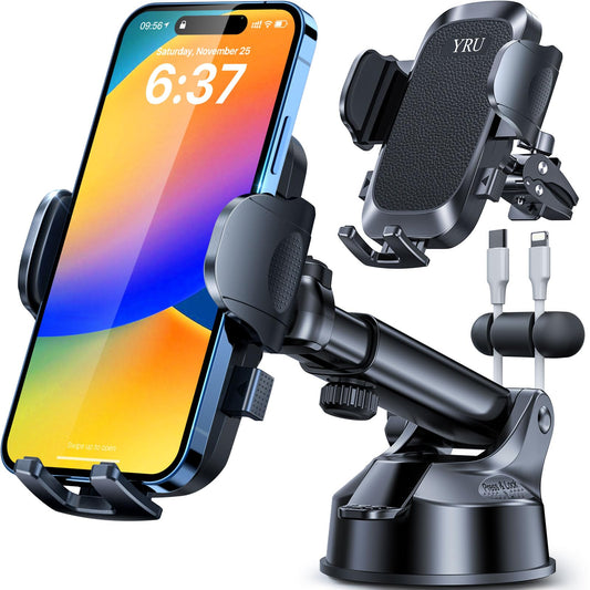 [2024 Upgrade 80LBS Strong Suction]YRU Car Phone Holder Mount,[Bumpy Road Stable]Dashboard Cell Phone Holder for Car Air Vent Windshield Phone Stand for iPhone 15 14 13 12 Pro Max Samsung Truck, Black