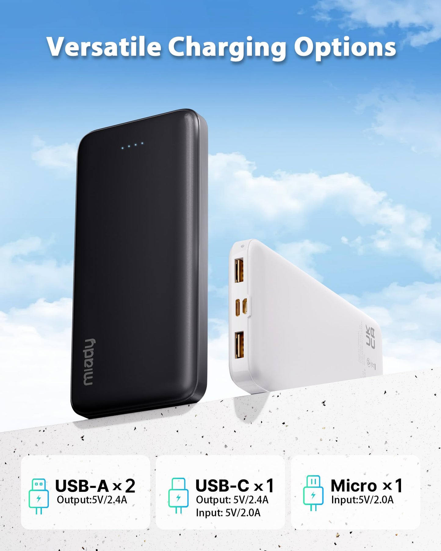 Chargeur portable double USB Miady 2-Pack 10000mAh, banque d'alimentation à charge rapide USB-C, chargeur de secours pour iPhone 15/14/13, Galaxy S23/22, Pixel, etc.